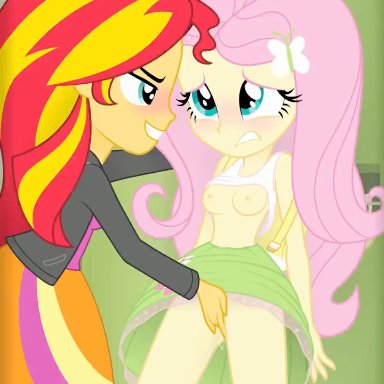 equestria girls, my little pony, fluttershy (mlp), sunset shimmer, randomtriples, blush, bullying, exposed breasts, fingering, forced yuri, high school, looking pleasured, moaning, molestation, shirt lift