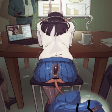 original, sulcate, 1boy, anal, anal object insertion, black footwear, black hair, blue skirt, borrowed character, bulge, colored skin, computer, cup, demon girl, demon horns