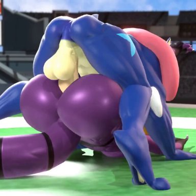 nintendo, pokemon, arbok, generation 1 pokemon, generation 6 pokemon, greninja, pokemon (species), kasdaq, 1boy, 1girls, amphibian, anthro, arena, ass, back view