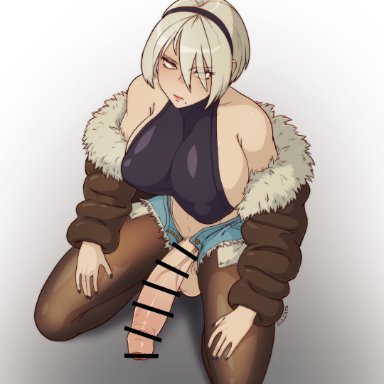 nier (series), yorha no. 2 type b, sulcate, 1futa, balls, ballsack, black hairband, black nails, blue shorts, breasts, closed mouth, covered nipples, erection, expressionless, foreskin