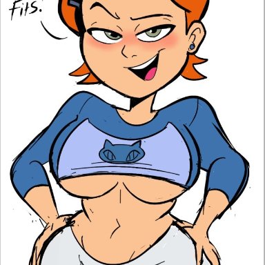 ben 10, cartoon network, gwen tennyson, instantnudeles, instanttnoodle, aged up, belly button, big breasts, blush, blushing, blushing at viewer, breasts, earrings, exposed stomach, female