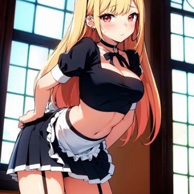 sono bisque doll wa koi wo suru, kitagawa marin, pikkiwynn, alternate costume, apron, black choker, black shirt, black skirt, black thighhighs, blonde hair, blush, breasts, choker, cleavage, cowboy shot