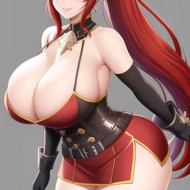 rwby, pyrrha nikos, nai diffusion, stable diffusion, armwear, big breasts, bimbo, breasts, cleavage, corset, curvaceous, curvy female, curvy figure, earrings, eyes