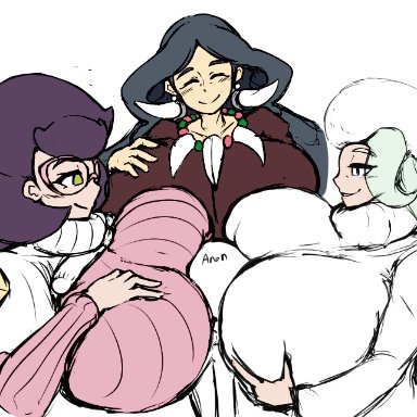 pokemon, pokemon sm, pokemon ss, pokemon xy, drasna (pokemon), melony (pokemon), wicke (pokemon), anonymous, artist request, big breasts, breast smother, breasts, breasts bigger than head, closed eyes, huge breasts