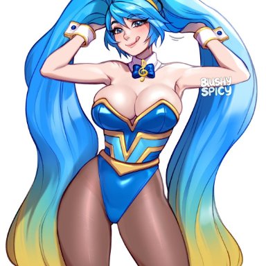 league of legends, riot games, sona buvelle, blushypixy, blushyspicy, 1girls, bare shoulders, blue clothes, blue clothing, blue eyes, blue hair, bowtie, bowtie collar, breasts, bunny costume