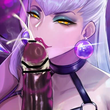 k/da series, league of legends, riot games, evelynn, k/da evelynn, yanun (yanun0557), 1boy, 1girls, breasts, cum, cumshot, dark-skinned male, dark skin, ear piercing, female