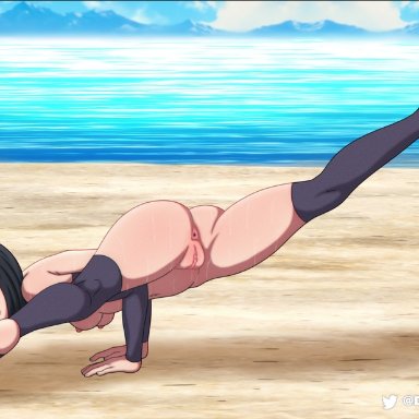 boruto: naruto next generations, naruto, naruto (series), shounen jump, sarada uchiha, densekkusu, 1girls, almost naked, arched back, arm support, ass focus, bare shoulders, bare thighs, beach, bent forward