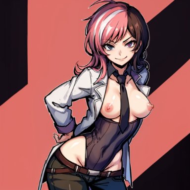 rooster teeth, rwby, neo (rwby), leukocrisp, stable diffusion, 1girls, background pattern, black hair, blue eyes, breasts, breasts out, brown hair, dark eyes, exposed breasts, heterochromia