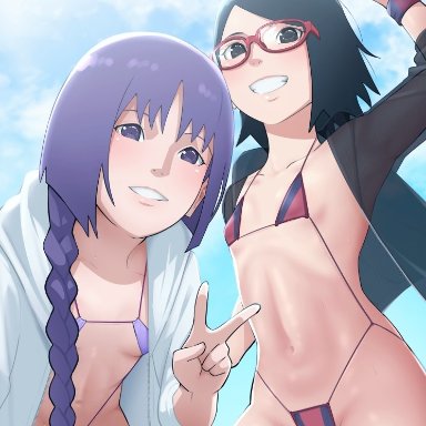 boruto: naruto next generations, naruto, naruto (series), shounen jump, kakei sumire, sarada uchiha, eeshin (eishin5584), 2girls, arched back, bare legs, bare thighs, belly button, bent over, bikini, black bikini