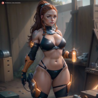 overwatch, overwatch 2, brigitte, brigitte lindholm, skizzen, stable diffusion, 1girls, big breasts, bikini, black bikini, breasts, brown hair, female, freckles, juice