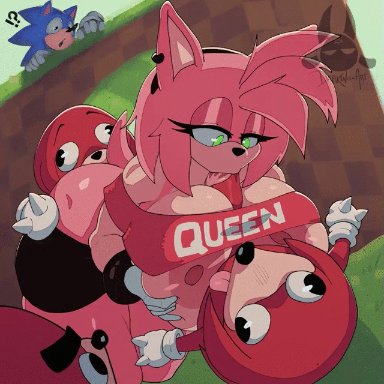 sega, sonic the hedgehog (series), amy rose, sonic the hedgehog, ugandan knuckles, darkingart, ambiguous penetration, anthro, areola, ass, bedroom eyes, being watched, big breasts, big butt, big penis