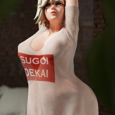 overwatch, mercy, justb3d, 1girls, areolae, big breasts, breasts, female, female only, large breasts, nipples, solo, thick thighs, transparent clothing, wide hips