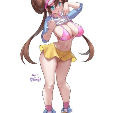 pokemon, pokemon (game), pokemon bw, rosa (pokemon), achromaru, 1girls, big breasts, blue eyes, blush, bra, brown hair, cleavage, clothed, clothing, female