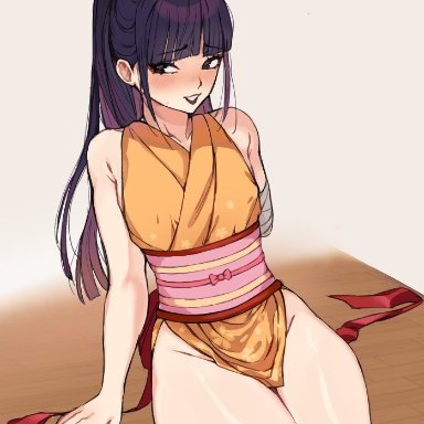 one piece, kikunojo, lushhhh, amputated arm, amputee, black hair, blush, femboy, flat chest, hair ribbon, kimono, long hair, long hair male, obi, ponytail