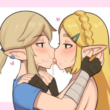 breath of the wild, the legend of zelda, link, link (breath of the wild), princess zelda, zelda (breath of the wild), rezodwel, 1boy, 1girl, 1girls, after fellatio, bandage, bedroom eyes, blonde hair, blue eyes