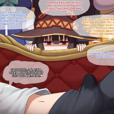 aqua (konosuba), darkness (konosuba), megumin, satou kazuma, poper, 1boy, 3girls, asleep, boner, boner in pants, dirty talk, erect penis, erection, erection under clothes, precum