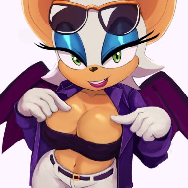 sega, sonic (series), sonic the hedgehog (series), the murder of sonic the hedgehog, rouge the bat, cranihum, alternate costume, anthro, bat, bat wings, breasts, cleavage, gloves, oppai, pointing