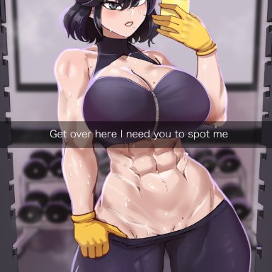 my hero academia, nana shimura, aestheticc-meme, 1girls, abs, bra, clothed, female only, gym, looking at viewer, mirror selfie, mole on breast, muscular, muscular female, phone