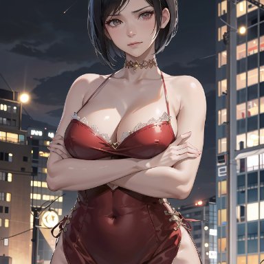 resident evil, resident evil 4, ada wong, ada wong (caroline ribeiro), ai art panwho, stable diffusion, asian, asian female, big breasts, black hair, china dress, choker, city, cityscape, cleavage