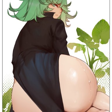 one-punch man, tatsumaki, hu dako, ass, black dress, closed mouth, dat ass, dress, female, from behind, green eyes, green hair, long sleeves, looking at viewer, looking back