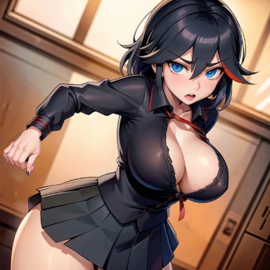 kill la kill, matoi ryuuko, audiostick, stable diffusion, black hair, blue eyes, blush, breasts, button down shirt, cleavage, large breasts, long sleeves, looking at viewer, skirt, wide hips