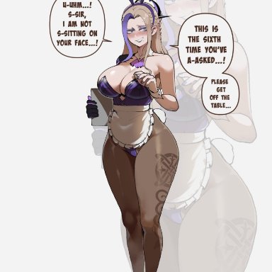 genshin impact, original, fjern thorden (nyantcha), original character, thiccwithaq, 1girls, apron, big breasts, blonde hair, blue eyes, blue highlights, bunny ears, bunny tail, bunnysuit, female