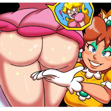 mario (series), nintendo, princess daisy, princess peach, firegon55, shiningtatsu, supergon55, 2girls, ass, ass focus, big ass, blonde hair, bottomless, brooch, butt focus