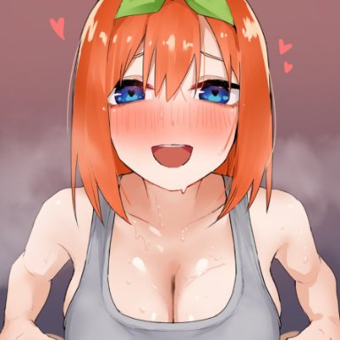 go-toubun no hanayome, nakano yotsuba, amog, 1boy, :d, blue eyes, breasts, cleavage, female, green hairband, grey sports bra, hairband, heart, large breasts, looking at viewer