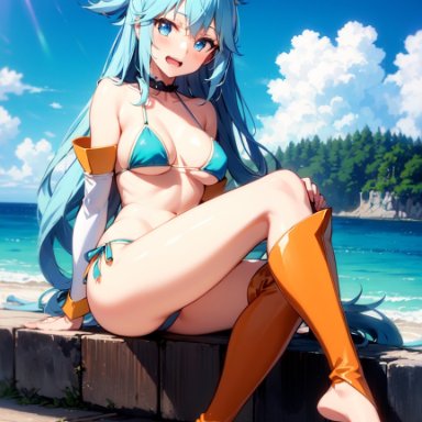 aqua (konosuba), pikkiwynn, :d, bangs, bare shoulders, barefoot, beach, bikini, blue bikini, blue eyes, blue hair, blue sky, blush, breasts, choker