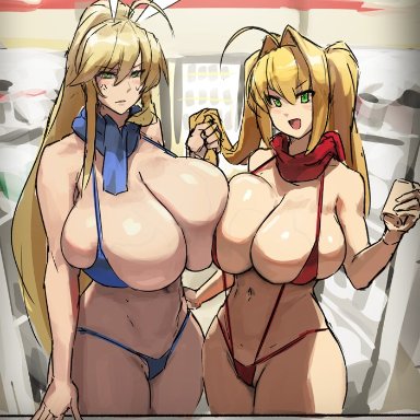 fate/grand order, fate (series), artoria pendragon, artoria pendragon (lancer), nero claudius (fate), eu03, 2girls, alternate breast size, barely contained, blonde hair, breasts, bunny ears, bunny girl, female, green eyes