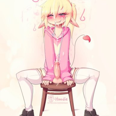 hoodie (artist), blonde hair, cum, elf ears, femboy, happy, penis, white thighhighs, tagme