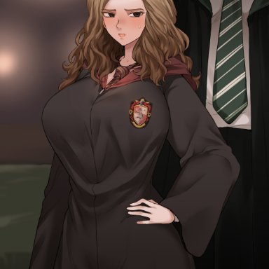 harry potter, hermione granger, terasu mc, 1boy, 1girls, breasts, brown hair, cape, clothing, curvy hair, female, female focus, imminent sex, large breasts, light brown hair