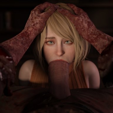 resident evil, resident evil 4, resident evil 4 remake, ashley graham, ashley graham (ella freya), emberstock, big penis, blonde hair, blood, blue eyes, fellatio, forced, forced oral, hand on head, looking at viewer