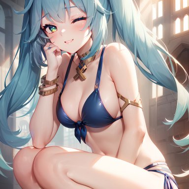 genshin impact, faruzan (genshin impact), stable diffusion, 1girls, aqua eyes, aqua hair, bikini, breasts, cleavage, looking at viewer, one eye closed, small breasts, squatting, twintails, ai generated