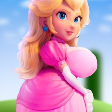 mario (series), super mario bros., super mario bros. (2023 film), princess peach, hu5kybutt, 1girls, big breasts, blue eyes, blue sky, clouds, colorful background, crown, day, daytime, dress