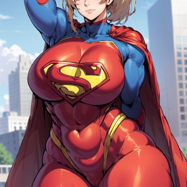 naruto, naruto (series), naruto shippuden, superman (cosplay), tsunade, stable diffusion, 1girls, blonde hair, breasts, cameltoe, cape, cosplay, female, hero outfit, huge breasts