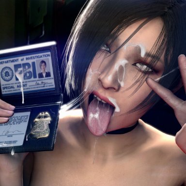 resident evil, resident evil 2, resident evil 2 remake, ada wong, otacon212, 1girls, ahe gao, asian female, badge, bracelet, brown eyes, brown hair, brunette, choker, cum