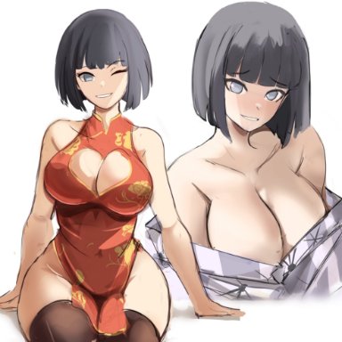 boruto: naruto next generations, naruto, naruto (series), hyuuga hinata, neddup, 1girls, black hair, breasts, china dress, cleavage, female, huge breasts, kimono, light-skinned female, light skin