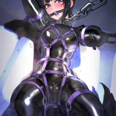 idolmaster, idolmaster cinderella girls, shirayuki chiyo, kilye 4421, kilye kairi, 1girls, ball gag, bitchsuit, black hair, bodysuit, bondage, breasts, chain leash, collar, crotch zipper