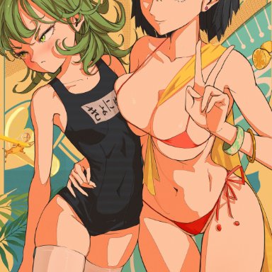 one-punch man, fubuki (one-punch man), tatsumaki, artist request, neo j, 2girls, bangs, between breasts, big breasts, bikini, blush, breasts, cleavage, earrings, female