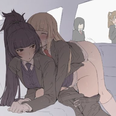 original, chauffeur (mdf an), futanari-sama (mdf an), mdf an, 1futa, 4girls, belt, bent over, black hair, black jacket, black pants, blazer, blonde hair, blue necktie, blue vest