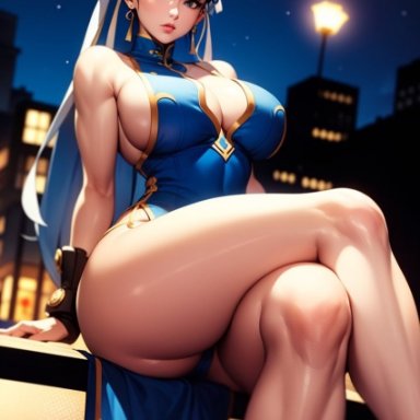 street fighter, chun-li, stable diffusion, big breasts, bikini, brown eyes, brown hair, chinese clothes, female, huge breasts, large breasts, legs, muscular female, short hair, thick