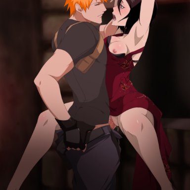 bleach, capcom, resident evil, resident evil 4, shounen jump, ada wong (cosplay), ichigo kurosaki, kuchiki rukia, leon scott kennedy (cosplay), lexus (artist), 1boy, 1girls, adjusting clothes, against wall, arm over head