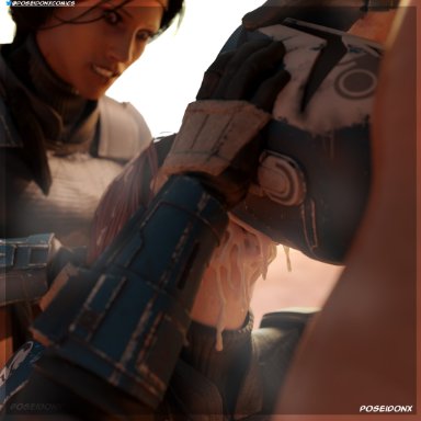 star wars, the mandalorian, the mandalorian: season three, bo-katan kryze, mandalorian, nite owl, poseidonx, 1futa, 2girls, clothed futanari, cum, cum drinking, cum dripping down chin, cum in helmet, drinking cum