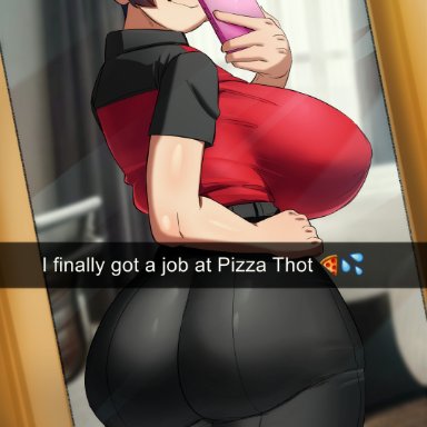 pizza thot, mai (mai munah), mai munah, 1girls, ass, black hair, breasts, cellphone, closed eyes, clothed, clothing, curvaceous, curvy, female, female focus