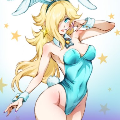 mario (series), nintendo, super mario galaxy, princess rosalina, minacream, 1girls, alternate costume, blonde hair, blue eyes, bunny ears, bunny girl, bunny tail, bunnysuit, earrings, female