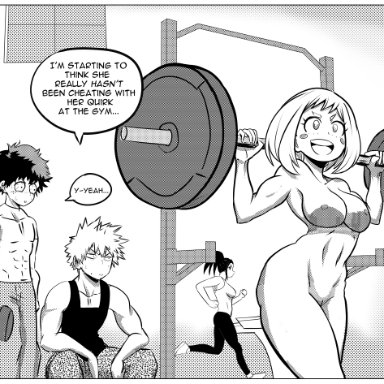 my hero academia, izuku midoriya, katsuki bakugou, momo yaoyorozu, ochako uraraka, artist request, 2boys, 2girls, clothed male nude female, completely nude, female, gym, lifting weights, looking at another, male