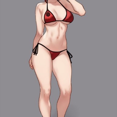 rwby, ruby rose, bluefield, 1girls, alternate breast size, bikini, blush, breasts, casual, clothing, female, footwear, human, large breasts, medium hair