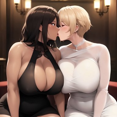 2girls, bare shoulders, big breasts, black dress, black sclera, blonde hair, breasts, cleavage, closed eyes, cute, dark-skinned female, dark hair, dark skin, dress, female