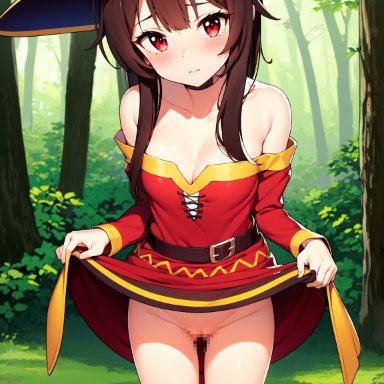 megumin, pikkiwynn, bangs, bare shoulders, belt, black headwear, blush, breasts, brown hair, choker, closed mouth, clothes lift, collarbone, day, dress